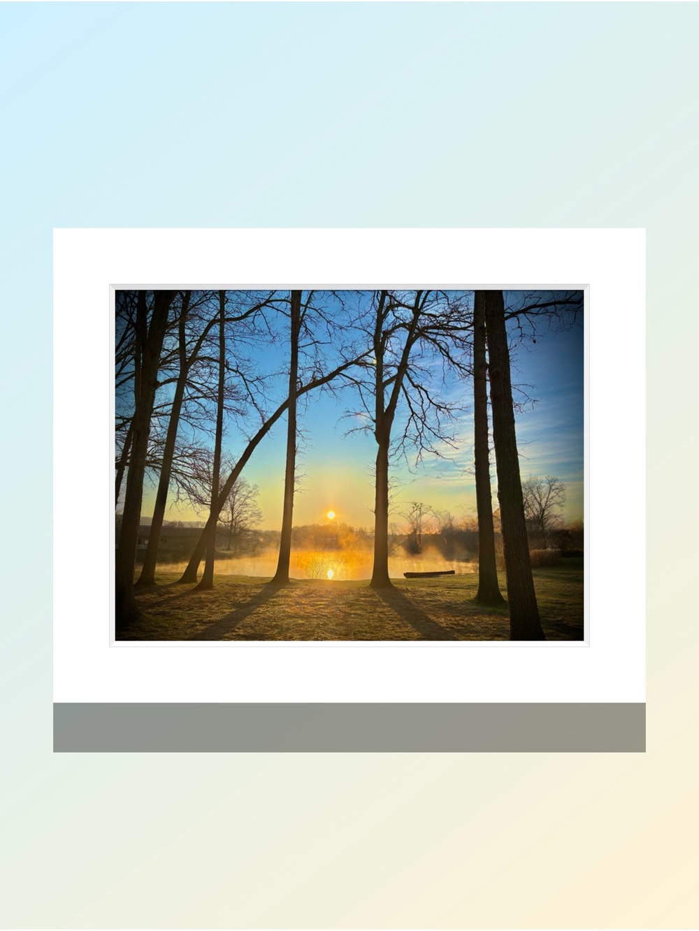 Matted Sunrise Lake Wall Art Print - Blue and Gold Landscape by Joy M Holder
